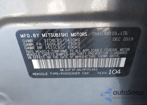 2020 Mitsubishi Mirage G4 Es from USA, damaged, VIN ML32F3FJ4LHF05382